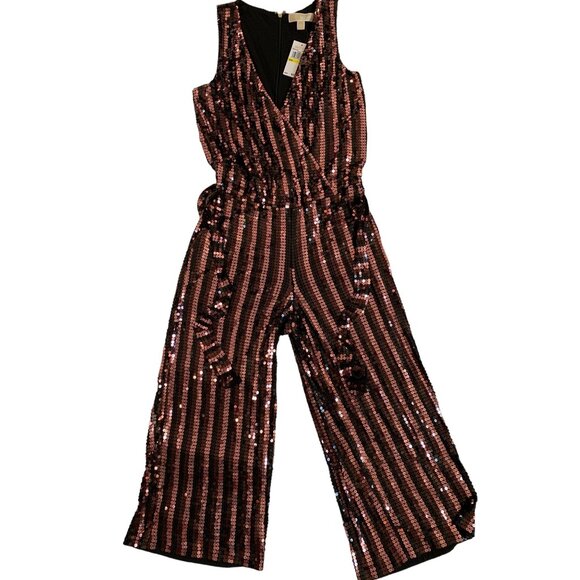 Michael Kors Sequin surplice Jumpsuit M Stretch Crop Wide Leg Sleeveless 7796